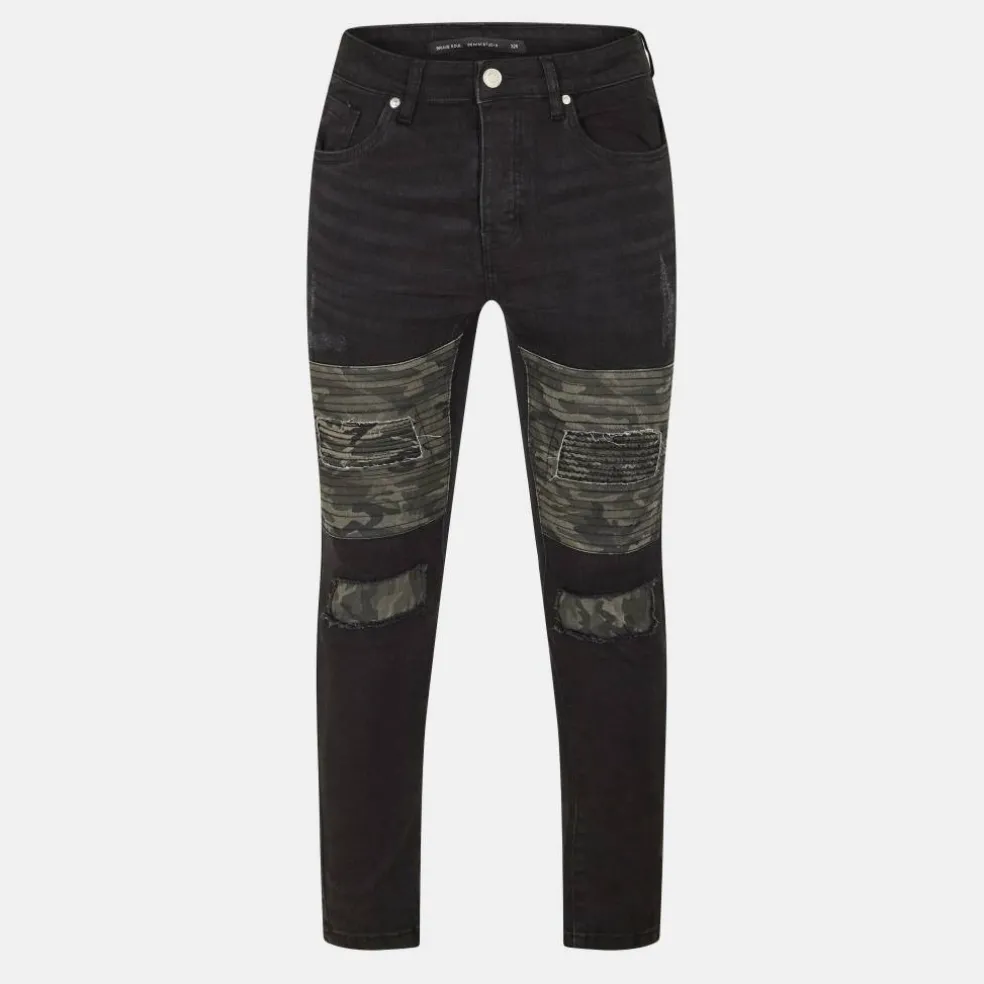 Mens Charcoal Wash Biker Jean with Cut Out Knee Details