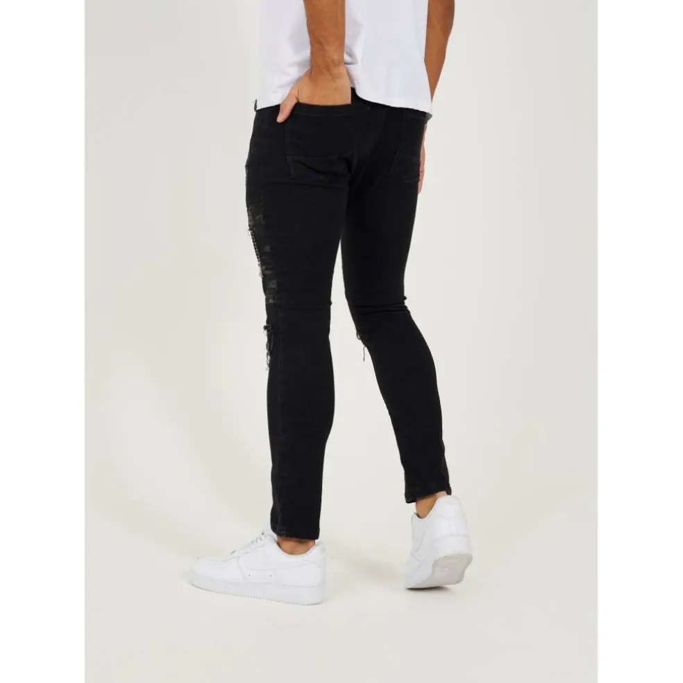 Mens Charcoal Wash Biker Jean with Cut Out Knee Details