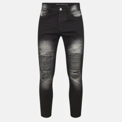 Mens Charcoal Wash Biker Jeans with Distressed Details