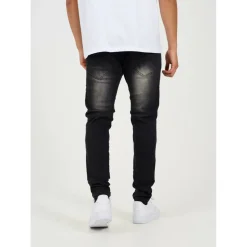Mens Charcoal Wash Biker Jeans with Distressed Details
