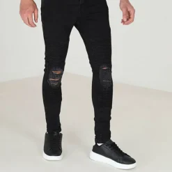 Mens Charcoal Wash Biker Jeans with Stitch Detail