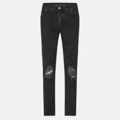 Mens Charcoal Wash Biker Jeans with Stitch Detail