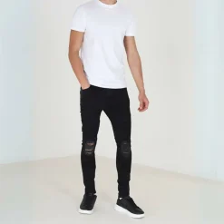 Mens Charcoal Wash Biker Jeans with Stitch Detail