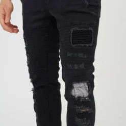 Mens Charcoal Wash Biker Jean with Cut Out Knees