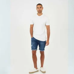 Mens Light Blue Wash Distressed Denim Shorts