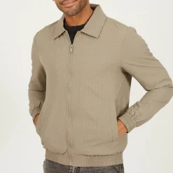 Men's Taupe Seersucker Long Sleeve Harrington Jacket