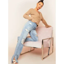 Mid Wash Ripped Split Hem Straight Leg Jeans