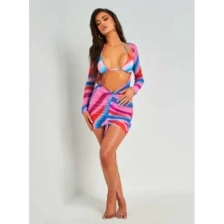 Multi Printed Long Sleeve Mesh Dress Cover Up