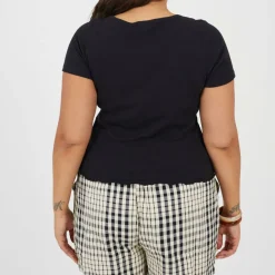 Plus Size Button Through Short Sleeve Top with Lettuce Hem