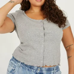 Plus Size Button Through Short Sleeve Top with Lettuce Hem
