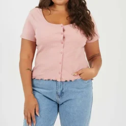Plus Size Button Through Short Sleeve Top with Lettuce Hem