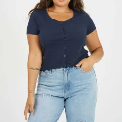 Plus Size Button Through Short Sleeve Top with Lettuce Hem