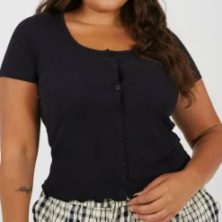 Plus Size Button Through Short Sleeve Top with Lettuce Hem
