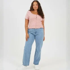 Plus Size Button Through Short Sleeve Top with Lettuce Hem