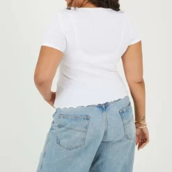 Plus Size Button Through Short Sleeve Top with Lettuce Hem