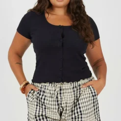 Plus Size Button Through Short Sleeve Top with Lettuce Hem