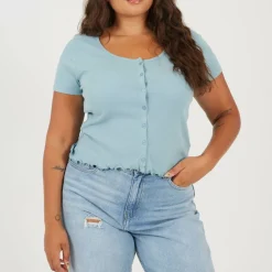 Plus Size Button Through Short Sleeve Top with Lettuce Hem