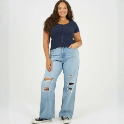 Plus Size Button Through Short Sleeve Top with Lettuce Hem