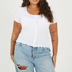 Plus Size Button Through Short Sleeve Top with Lettuce Hem