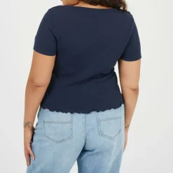 Plus Size Button Through Short Sleeve Top with Lettuce Hem