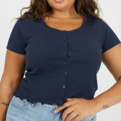 Plus Size Button Through Short Sleeve Top with Lettuce Hem