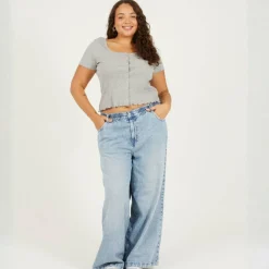 Plus Size Button Through Short Sleeve Top with Lettuce Hem
