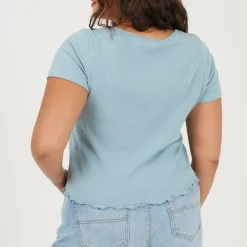 Plus Size Button Through Short Sleeve Top with Lettuce Hem
