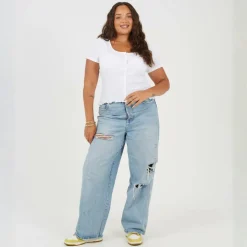 Plus Size Button Through Short Sleeve Top with Lettuce Hem