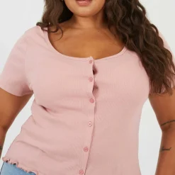 Plus Size Button Through Short Sleeve Top with Lettuce Hem