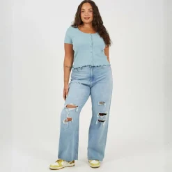 Plus Size Button Through Short Sleeve Top with Lettuce Hem