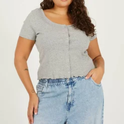 Plus Size Button Through Short Sleeve Top with Lettuce Hem