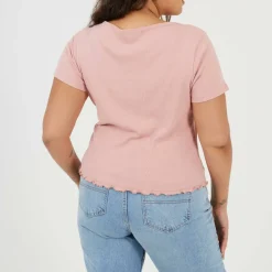 Plus Size Button Through Short Sleeve Top with Lettuce Hem