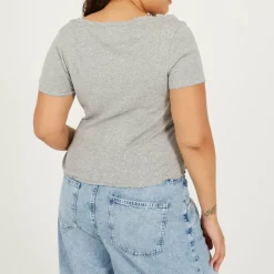 Plus Size Button Through Short Sleeve Top with Lettuce Hem