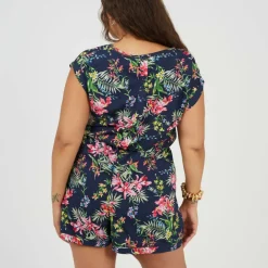 Plus Size Tropical Print Playsuit with Pockets