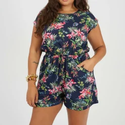 Plus Size Tropical Print Playsuit with Pockets