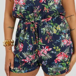 Plus Size Tropical Print Playsuit with Pockets
