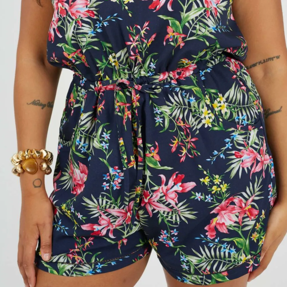 Plus Size Tropical Print Playsuit with Pockets