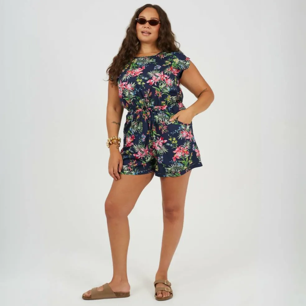 Plus Size Tropical Print Playsuit with Pockets