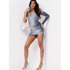 Print Cut Out One Sleeve Ruched Mini Dress
