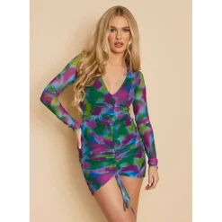Printed Mesh Overlay Ruched Long Sleeve Mini Dress