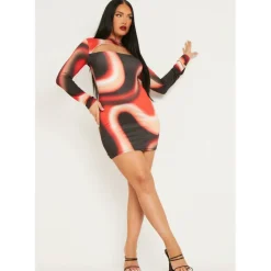 Printed Slinky Cut Out Long Sleeve Mini Dress