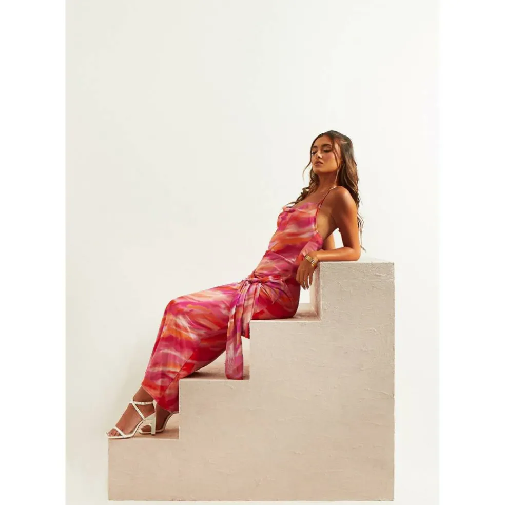 Printed Tie Front Detail Maxi Dress