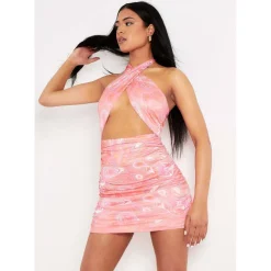 Print Halterneck Cross Over Mini Dress