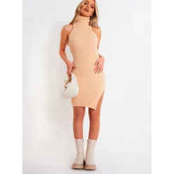 Ribbed Knit Roll Neck Dress With Split