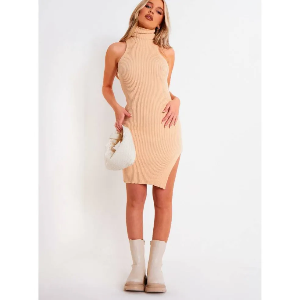 Ribbed Knit Roll Neck Dress With Split