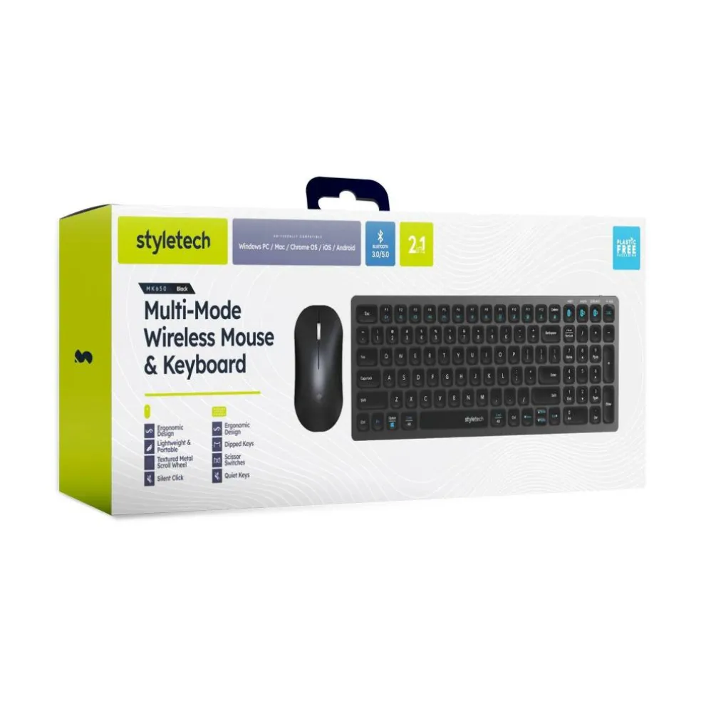 Silent Multi-Mode Bluetooth Wireless Mouse and Keyboard Bundle for PC & Mac - Black
