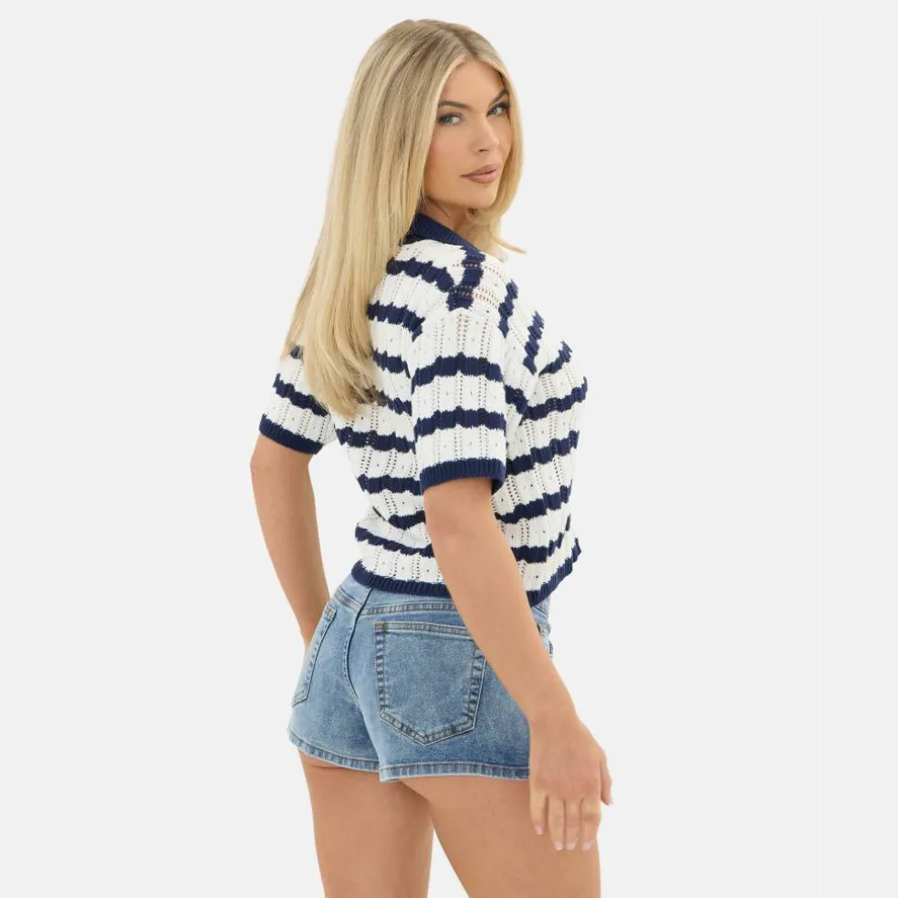 Striped Crochet Button Top