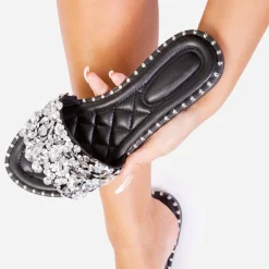 Wheres Diamante Sparkly Flat Sliders