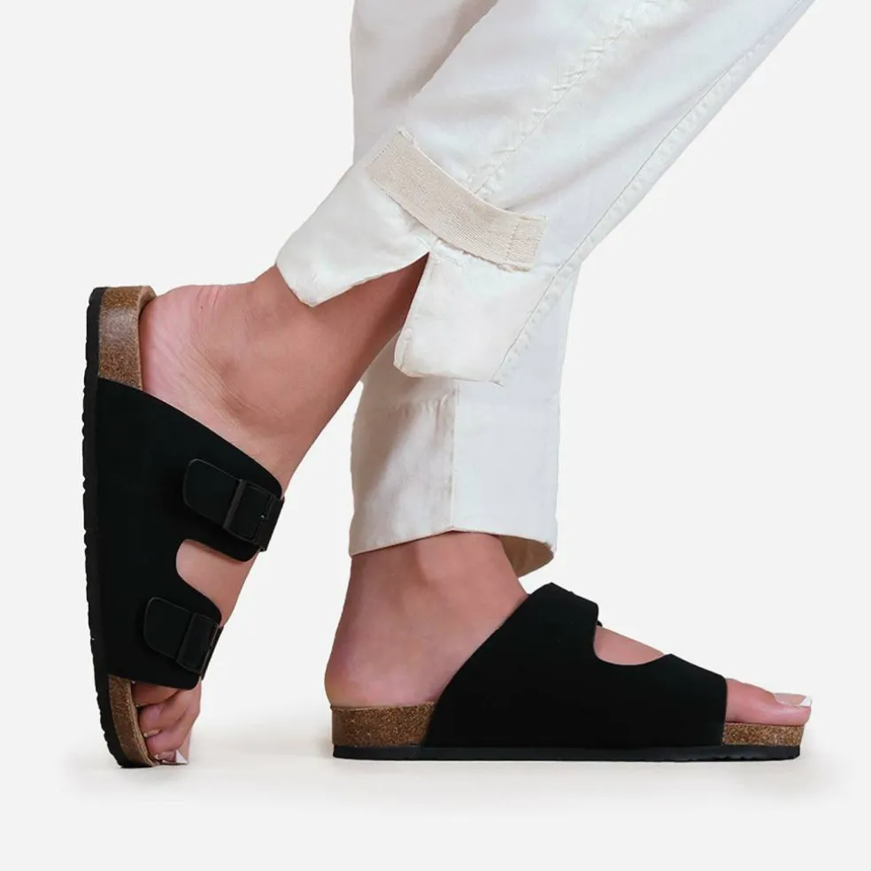Wheres Two-Strap Buckle Detail Flat Sandals