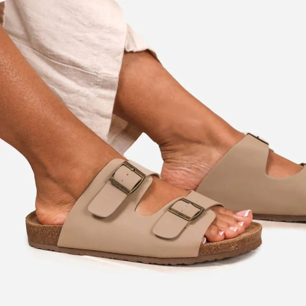 Wheres Two-Strap Buckle Detail Flat Sandals